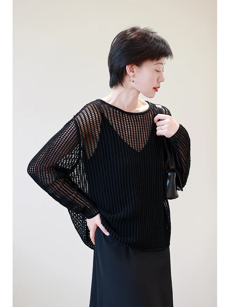 

Женский свободный топ из чистого хлопка с длинными рукавами, ажурной вязкой и вырезами, черный и абрикосовый, весна-лето, новинка