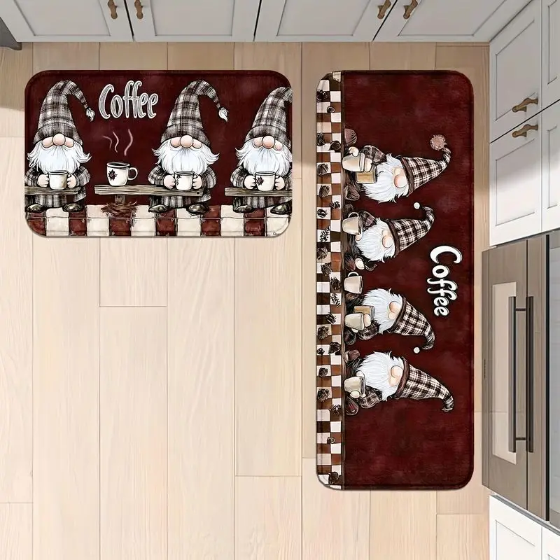 VIKAMA Christmas Flannel Kitchen Rug Gnomes Coffee Cup Soft Furry Runner Mat for Kitchen Floor Home Decor