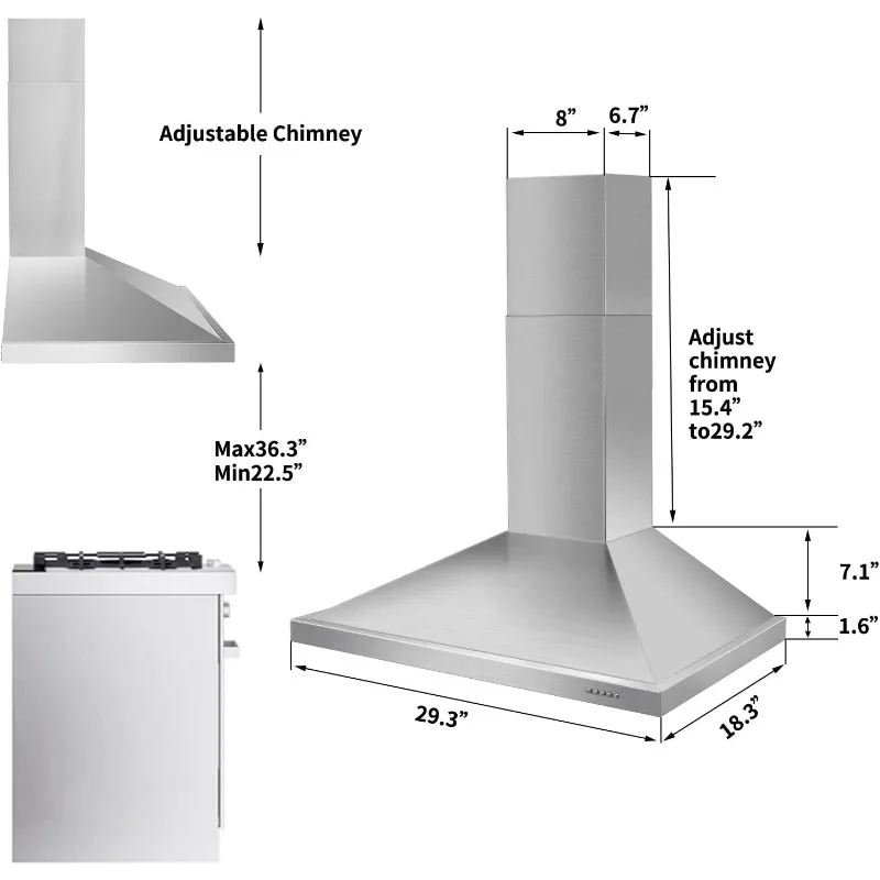 벽 마운트 레인지 후드, 덕트 및 덕트리스 컨버터블 덕트, 스테인레스 스틸 굴뚝 스타일 오버 스토브 벤트 후드, LED 포함, 30 인치