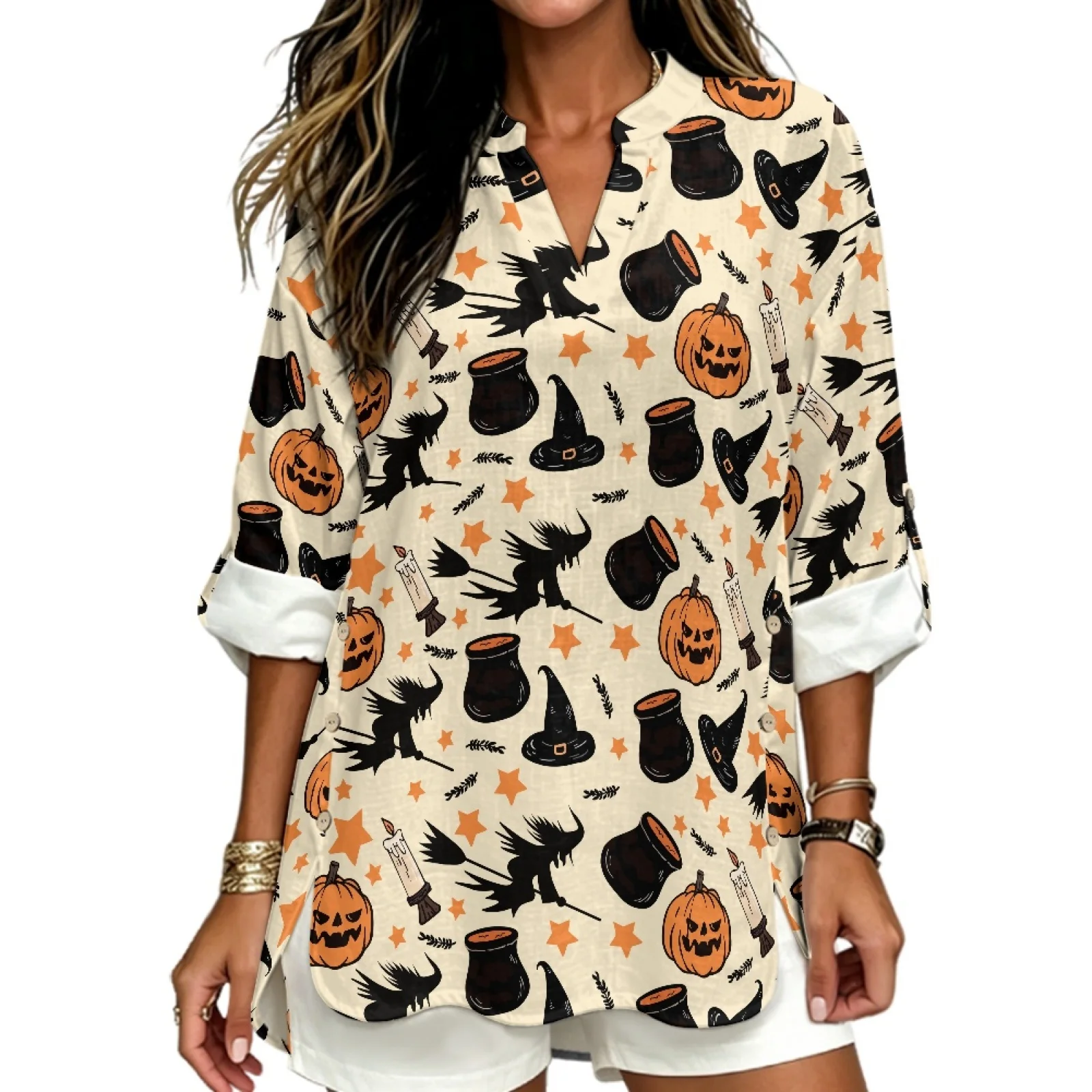 PENSTROLL Pumpkin Candle Linen Style Tunic Tops Trendy Tunic Blouse for Women Sizes S-5XL