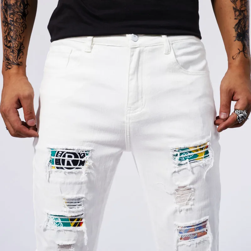 Summer distressed patch slim fit jeans for MEN'S FASHION straight leg casual versatile stretch biker cotton white denim pants