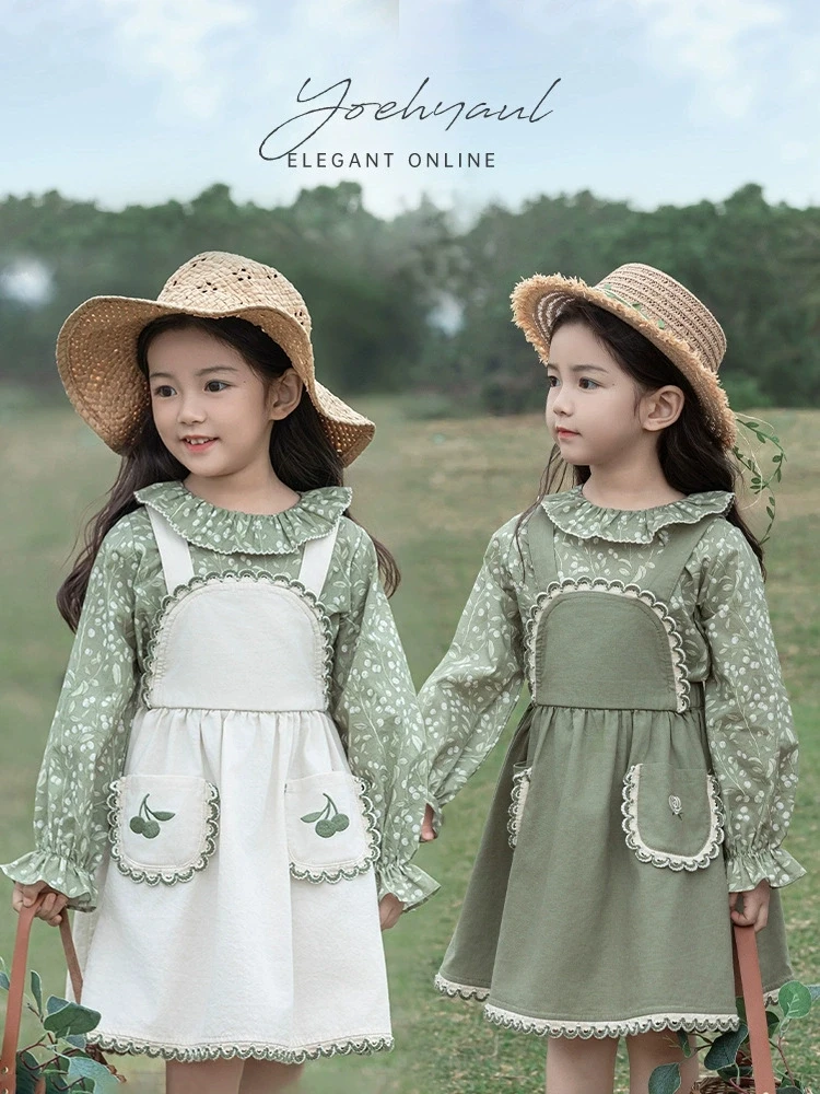 

2025 Summer New Girls Handmade Embroidery Heavy Duty Pulling Strap Dress Girls Retro Forest Style Embroidery Dress