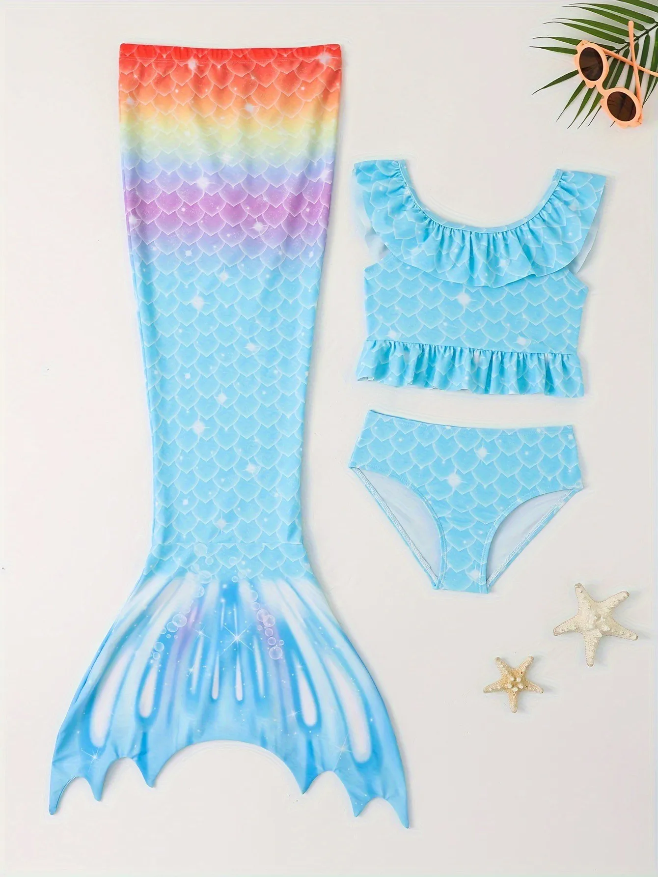 THEEPER Little Girls Mermaid Tail Swimsuit 3Pcs, Ruffle Bikini Set Rainbow Gradient Scale Kids Summer Beach Mermaid Costume Suit