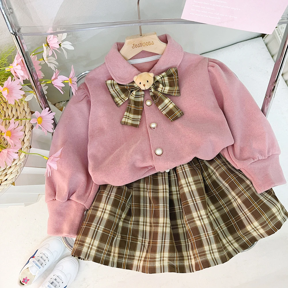 College Style Baby Girls Clothing Sets 2023 Autumn Children Bow Coats Plaid Skirt Kids Tracksuit Infant Outfits Princess Clothes