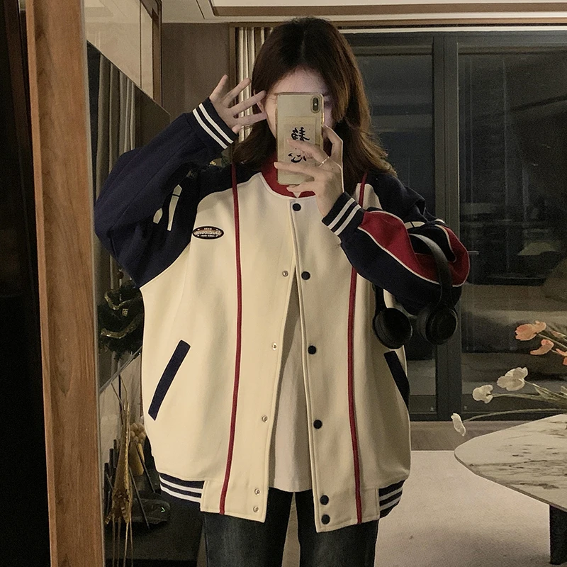 

Baseball Jackets Varsity Womens Autumn Elastic Puffy Bomber Mock Two-Pieces Trekking Anti-Collision Wearable Notched Outdoor Y2K