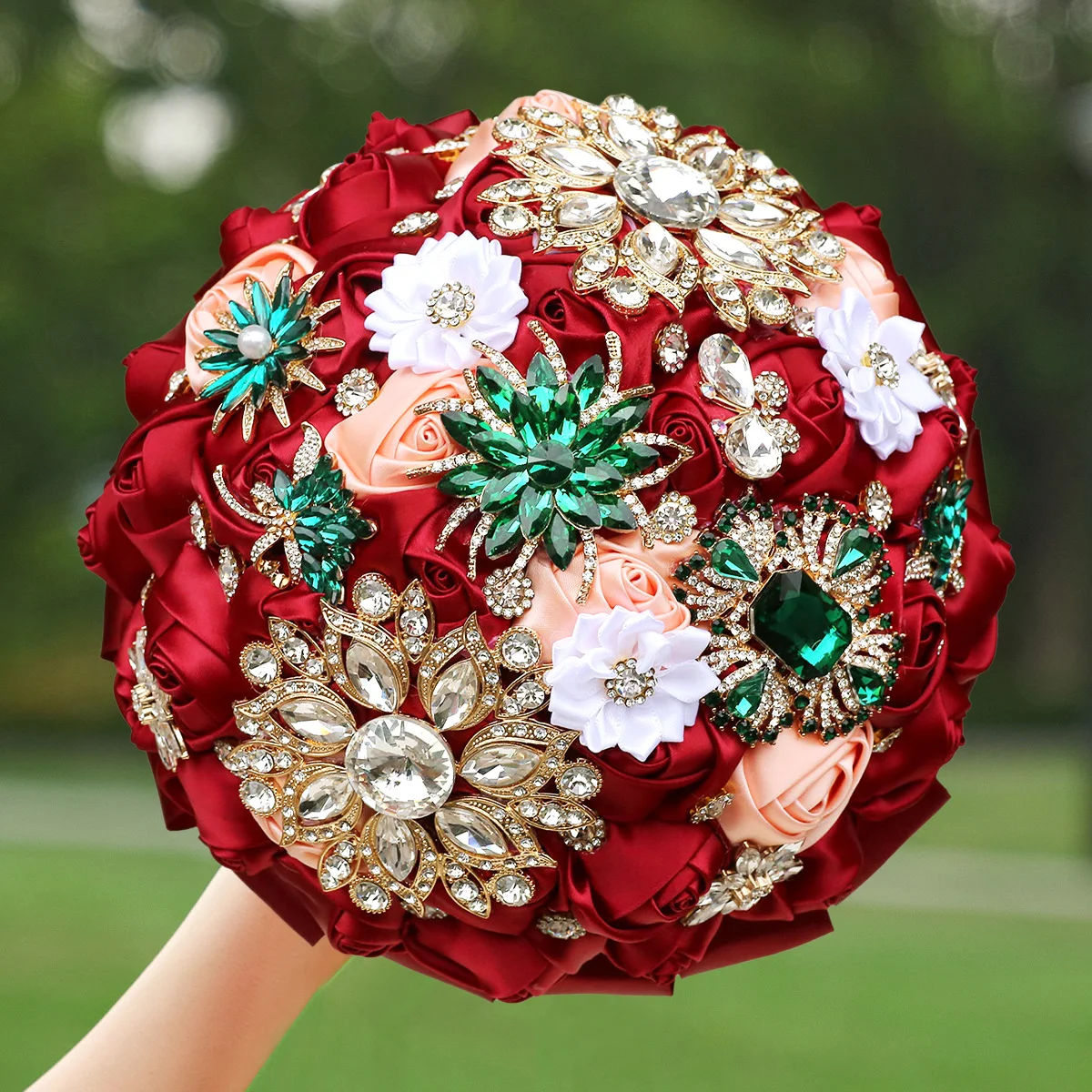 Luxury rhinestone wine red Bride wedding Roses Hand emerald-emerald-maid of Honor wedding ribbon simulation hand bouquet W108A