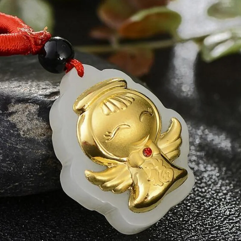 Real Hetian Jade Pendant For Women 3D Gold Foil Loving Angel Red Gem Stone Pendants