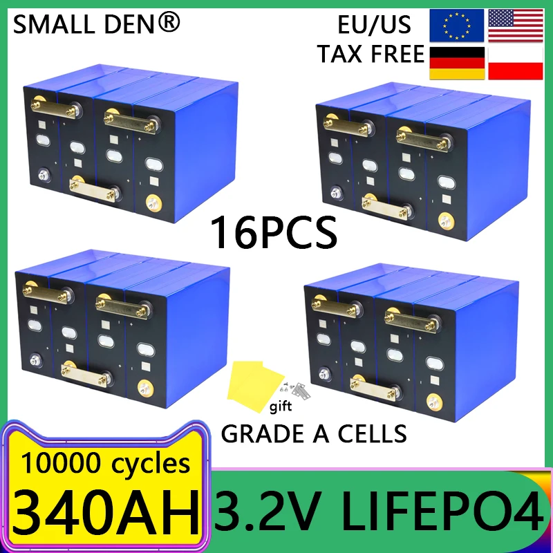 16PCS 340Ah Lifepo4 Battery 3.2V Lithium iron phosphate Rechargeable batteries For DIY 12V 48V EV RV Solar Camping Grade A Cells