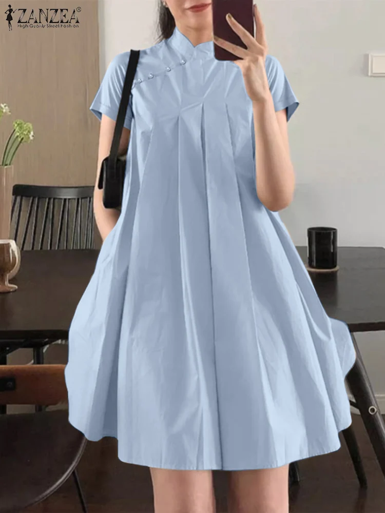ZANZEA femmes élégant a-ligne robes de soirée 2025 été élégant robe sans manches col montant travail plissé robe d'été robes caftan