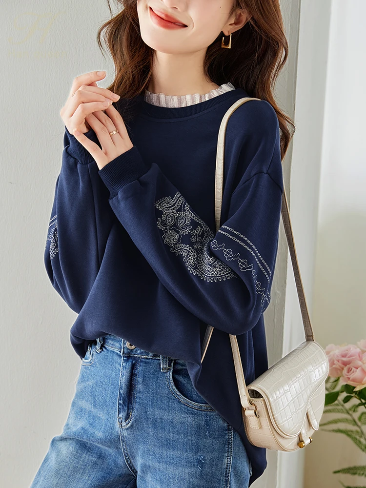 H Han Queen Autumn T-Shirts Vintage Embroidered Lace Office Sweatshirt Female O-Neck Tops Long Sleeve Casual Women Loose Tees