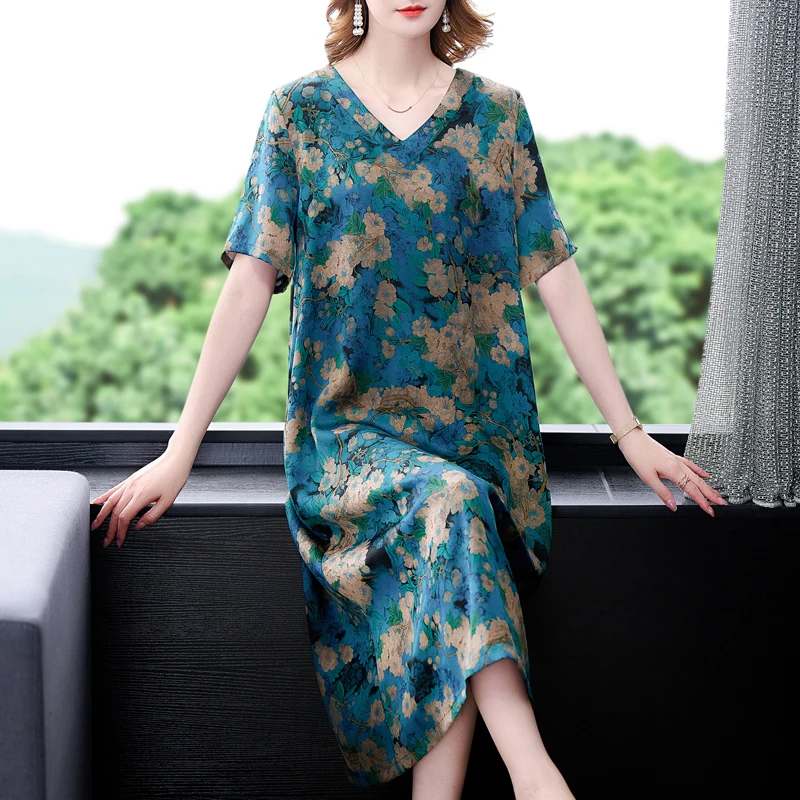 2022 Mới Họa Tiết Hoa Màu Xanh Tự Nhiên Lụa Satin Midi Đầm Mùa Hè Nữ Tay Ngắn Thanh Lịch Nơ Lưng Nữ Vintage Hàn Quốc Cổ Áo