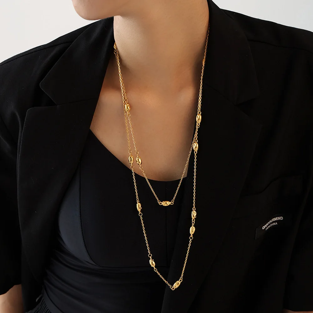 Oval Beaded Long Necklace for Women Stainless Steel Sweater Chain Gold Plated 2 Strings Waterproof Jewelry Gift