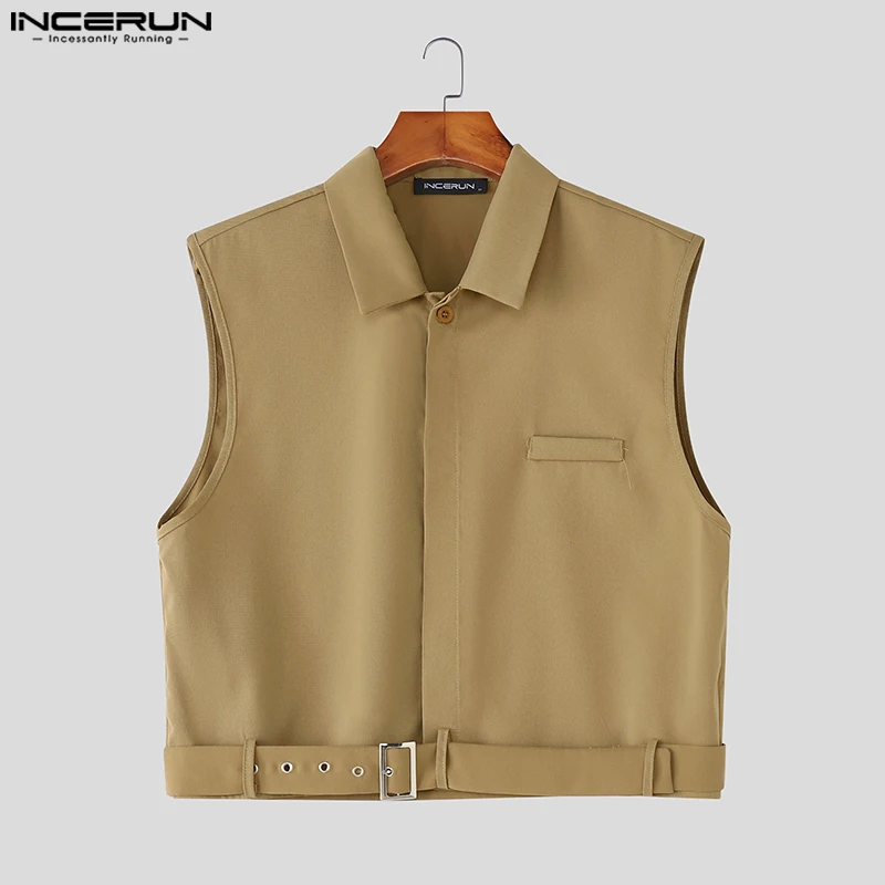 INCERUN Мужская рубашка, однотонная, без рукавов, на пуговицах, повседневные укороченные топы, мужская уличная одежда, 2021, модная мужская одежда в корейском стиле