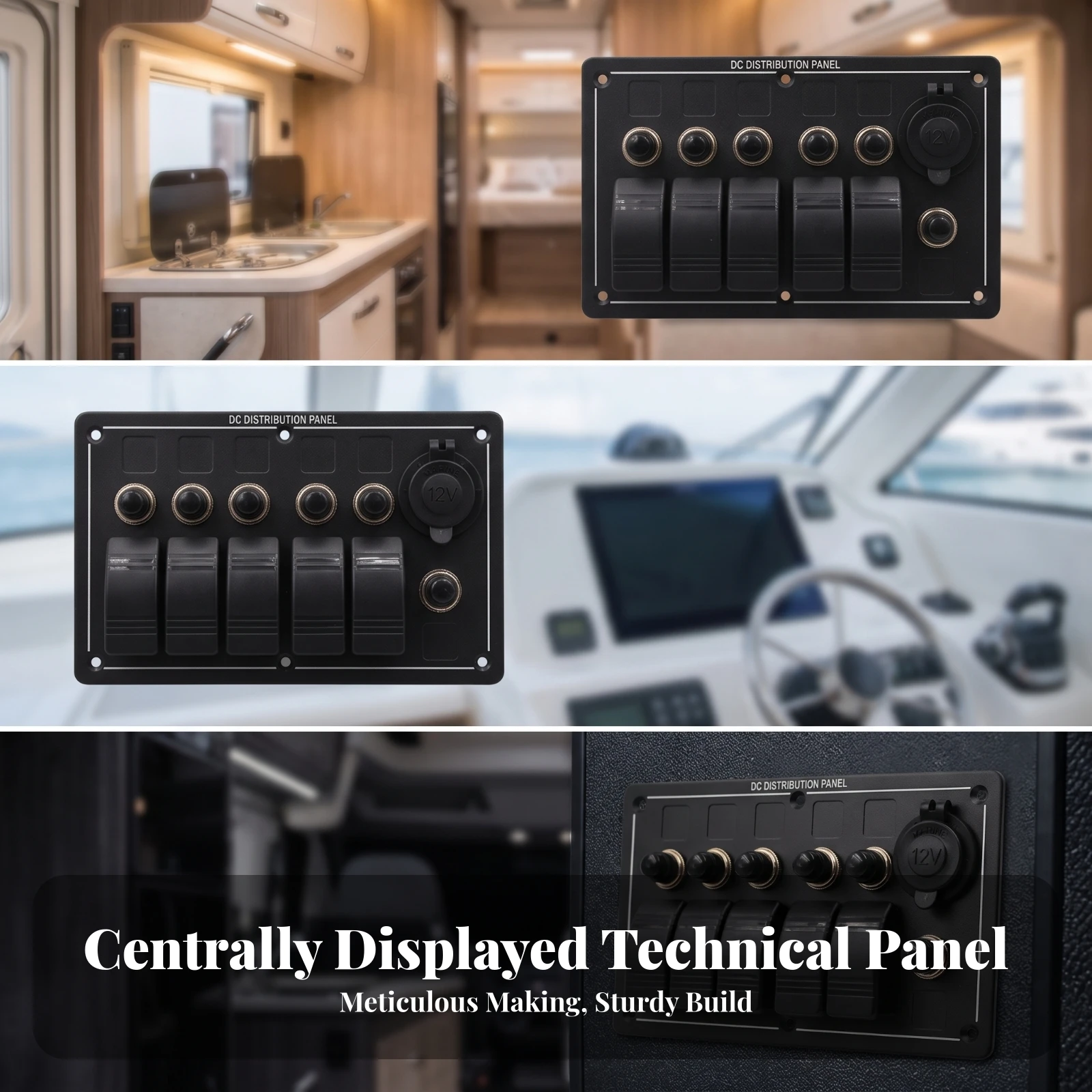 DC Distribution Panel Waterproof Aluminum Switch Panel with 12V Socket Compact Indicator Light for Boat Builders, RV Van