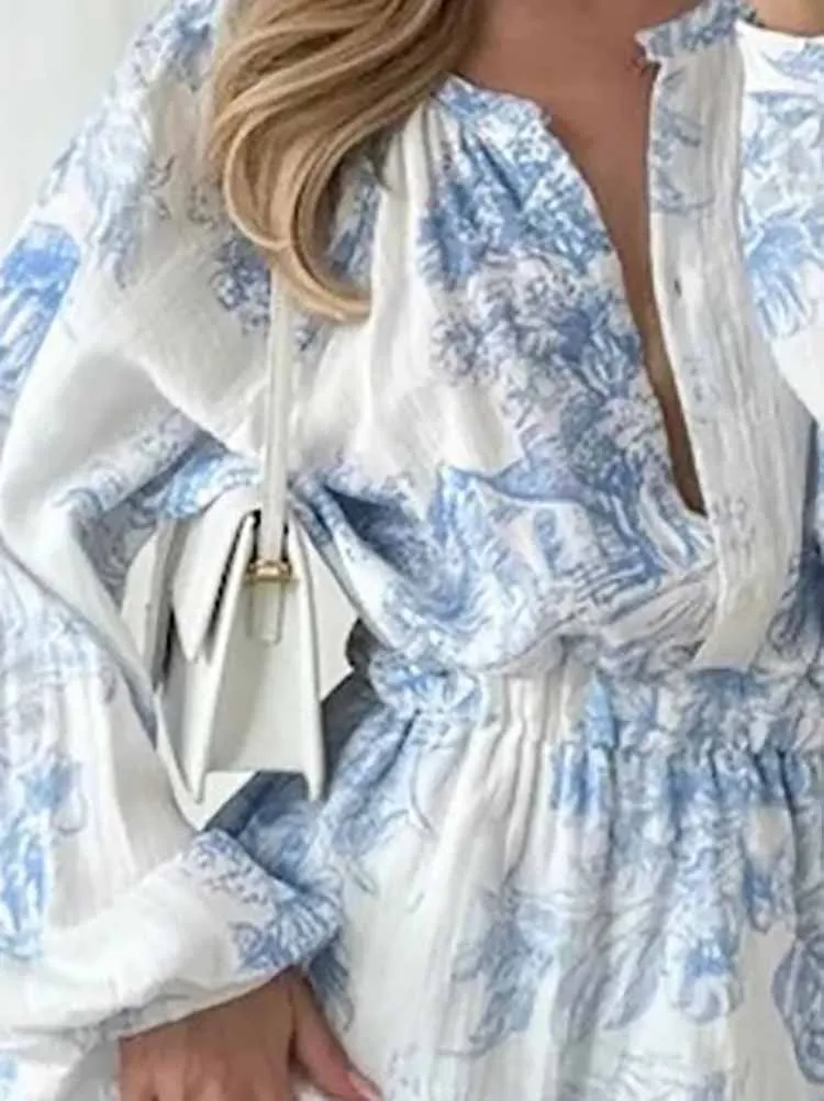 Vestido de fiesta Bohe con estampado de patrón elegante, minivestido drapeado con volantes y cintura alta con botones a la moda, vestido informal de manga larga para mujer