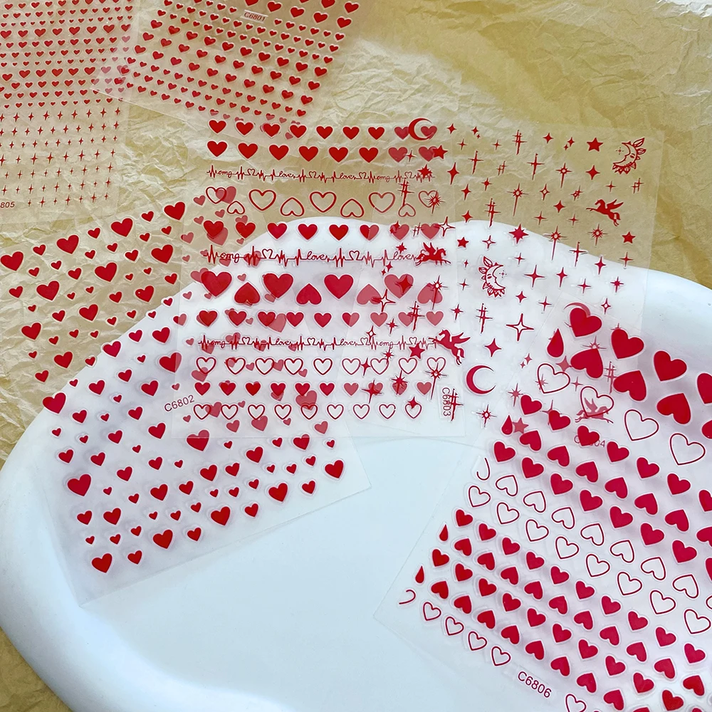 6/12Pcs Red Love Heart Nail Stickers Valentine's Day Heart Self-Adhesive Slider Y2K Star Moon Nail Decals Manicure Decorations