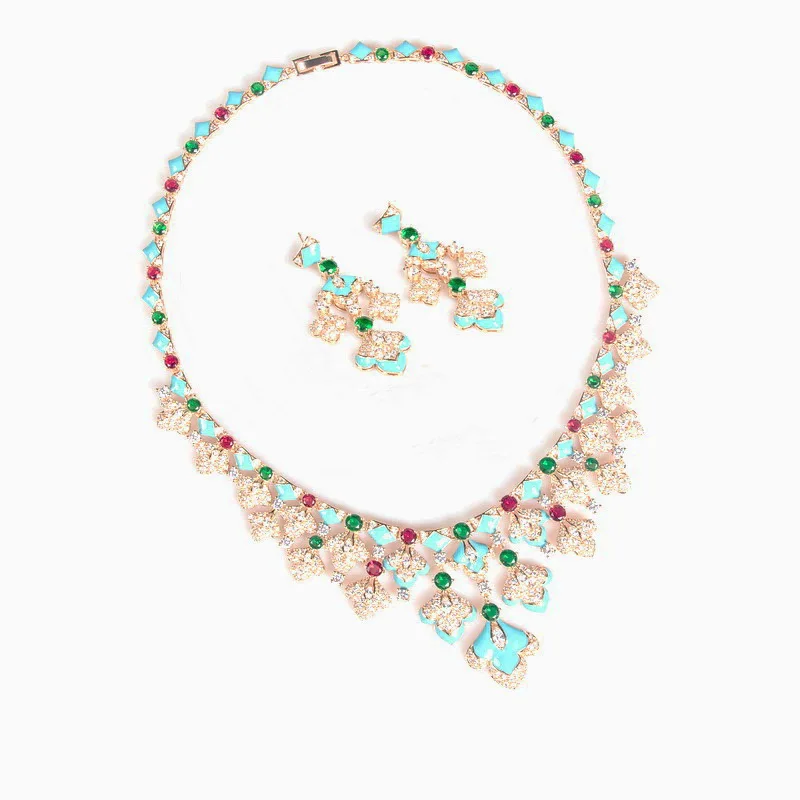 Designer Collection Earrings Necklace Women Inlay Cubic Zircon Glaze Tassels Plated Gold Color Jewelry Sets