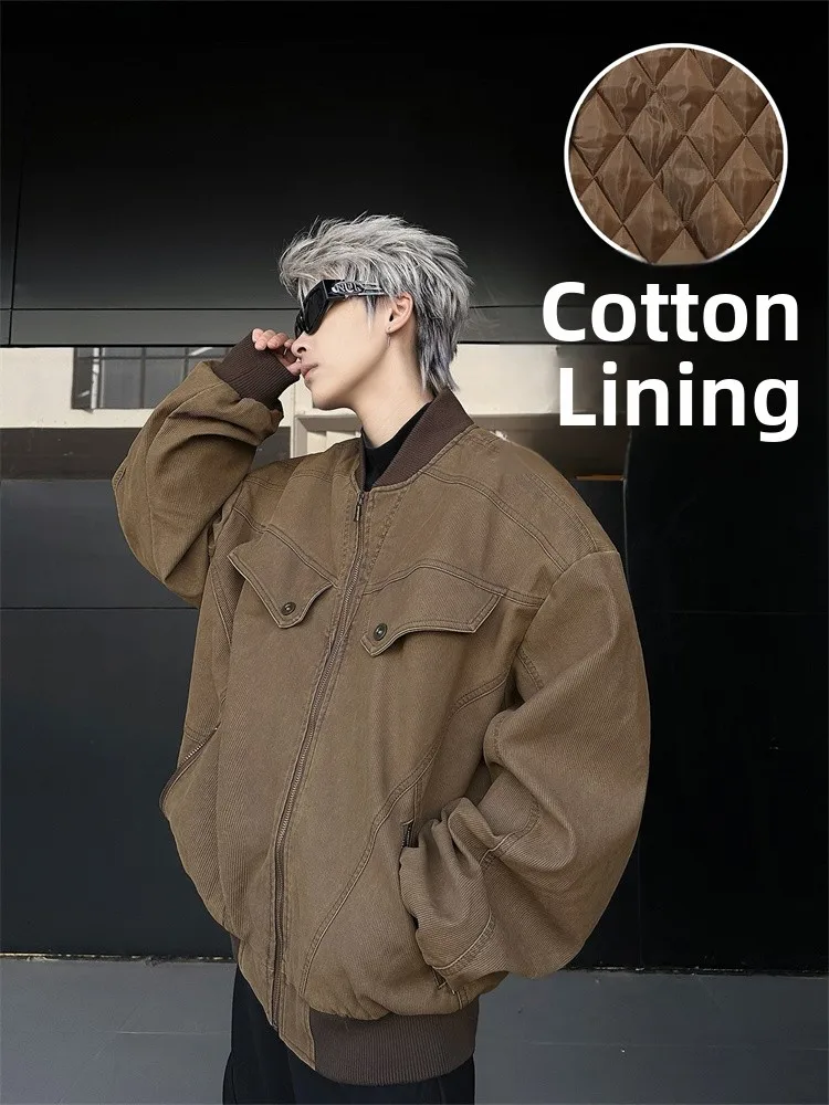 

Утепленная хлопковая куртка-бомбер для мужчин, осенне-зимняя, модная, брендовая, с воротником-бейсболкой, в американском ретро-стиле, молодежная, повседневная