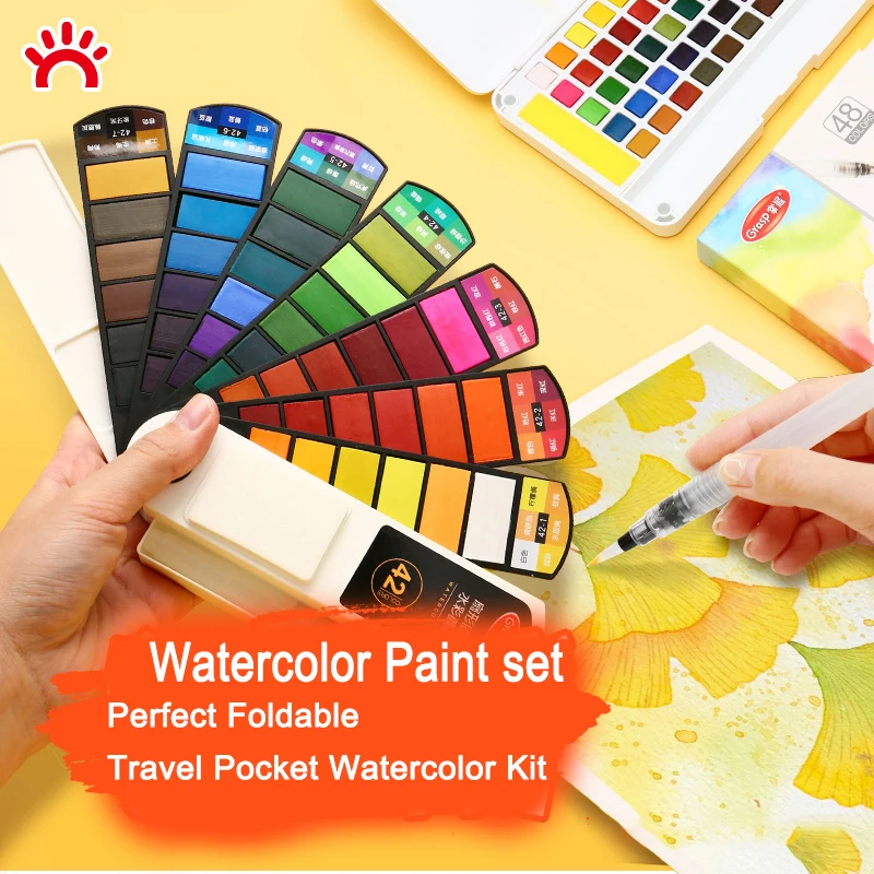 Watercolor Paint set – 42/36/24/18 Assorted Colors with 1 Brush – Perfect Foldable Watercolor Field Sketch Set for Outdoor Paint