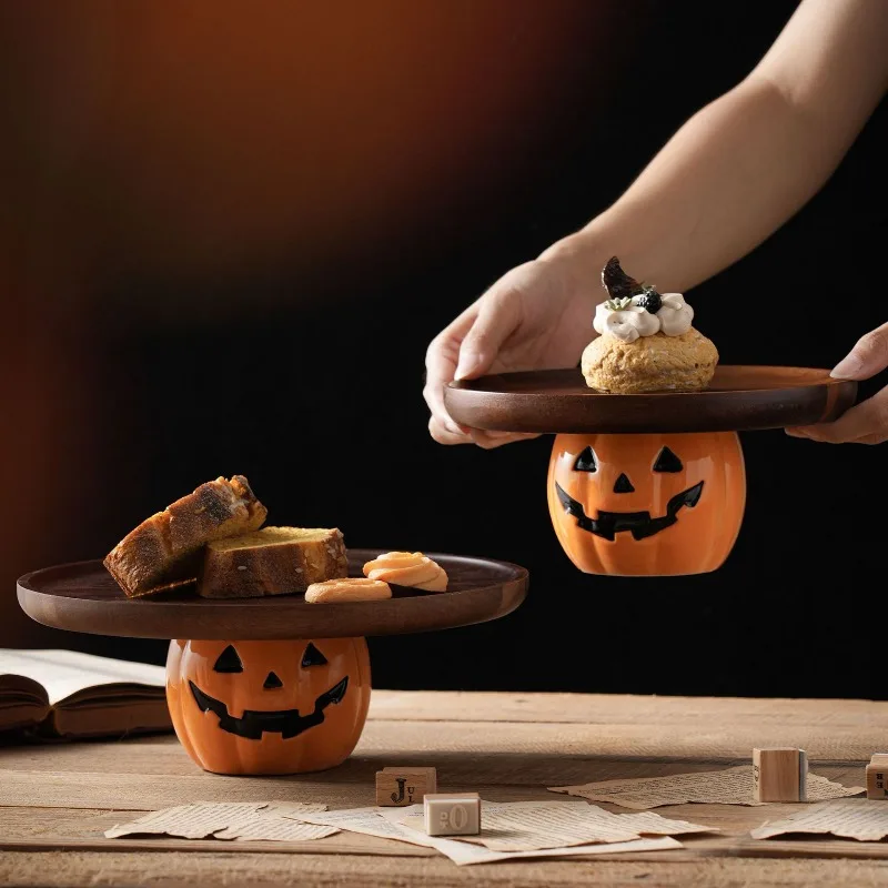 Charming Halloween Pumpkin Durable Wooden Cake Stand Tray Dessert Plate Bread Display Server Holiday Party Decor Multi Purpose