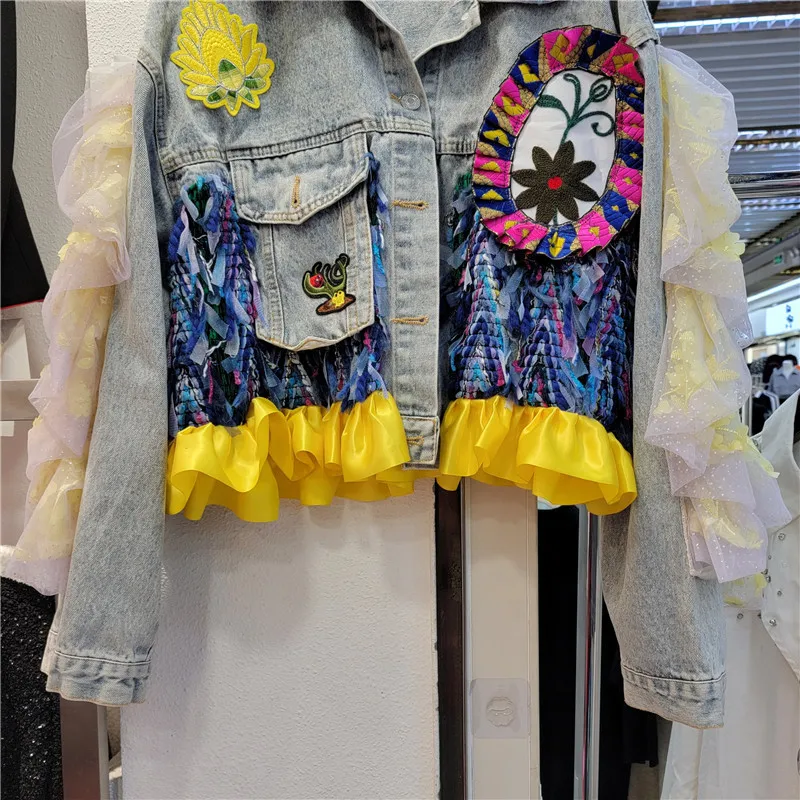 Harajuku Vintage Embroidery Blue Short Jeans Jacket Women Fashion Fringe Mesh Patchwork Denim Coat Spring Autumn Female Outwear