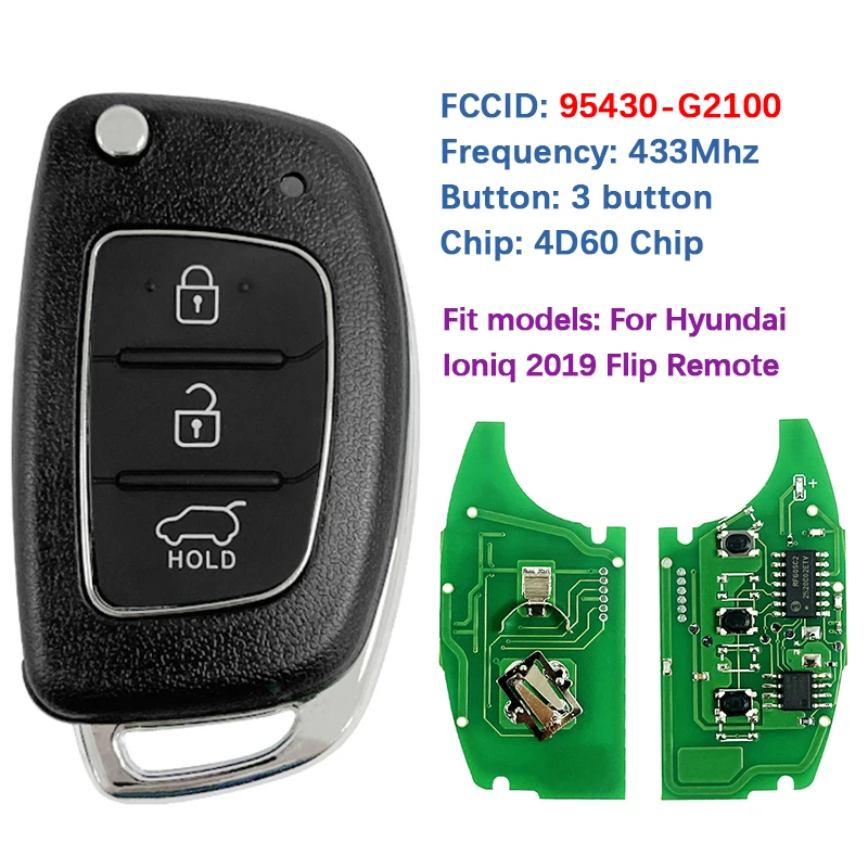 

CN020398 Послепродажный флип-брелок с 3 кнопками, 433 МГц, 4D60, чип FCC 95430-G2100 SVI-AERGE03 для Hyundai Ioniq 2019