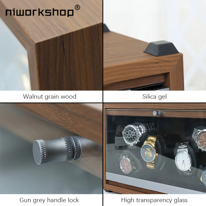 1pc Niworkshop Automatic Watch Winder,3/6 Slots Wooden Watch Storage Cases with Quite Motor ,LED Light ,Flexible Pillows For Men