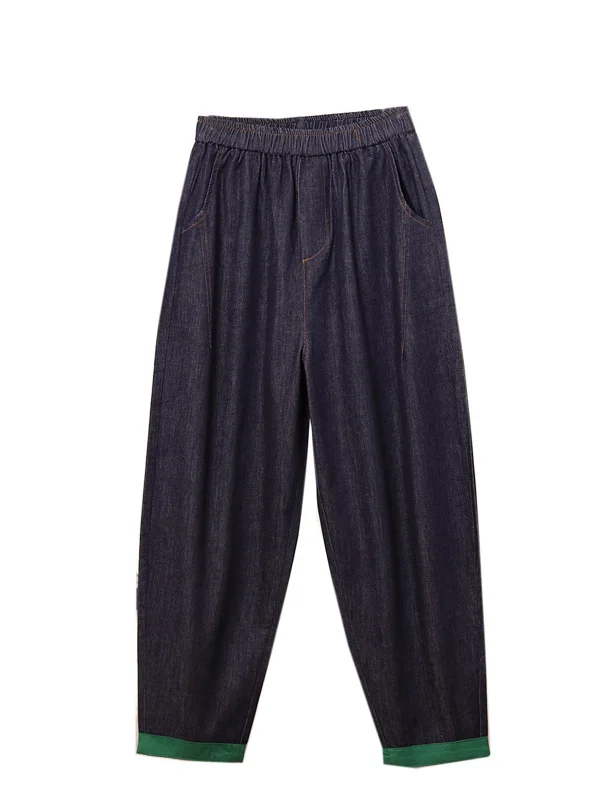 Cintura alta elástica solta pai jeans feminino casual perna reta algodão primavera novo sle nove pontos calças harmônicas