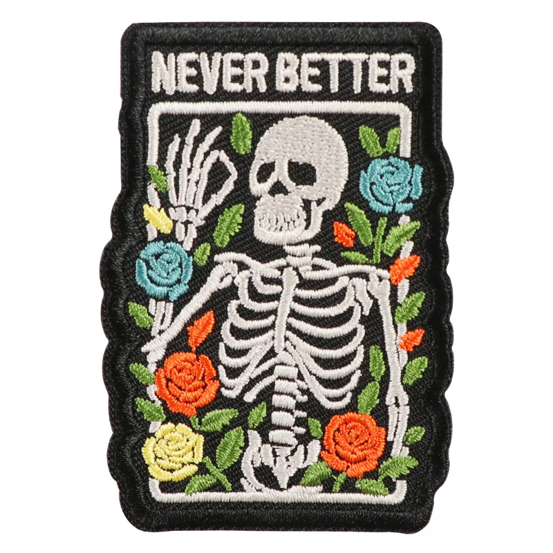 1pc Statement Skull Embroidery Fabric Patch Floral Skeleton Quote Badge Dark Style Iron On Sew On DIY Clothing Accessory