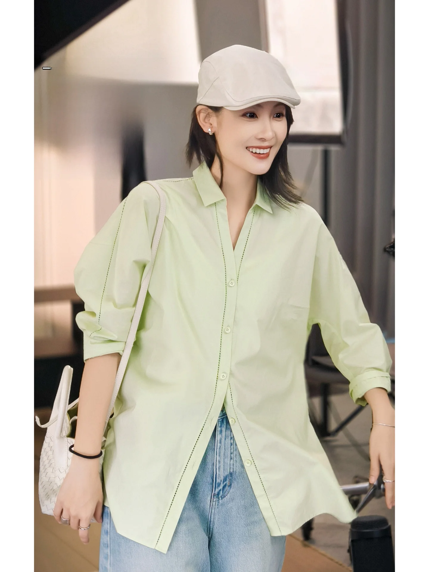 

Meiyang Cotton lin Hollow out Long Sve irt Collared Friday Casual Women's Loose Fit Button up irt