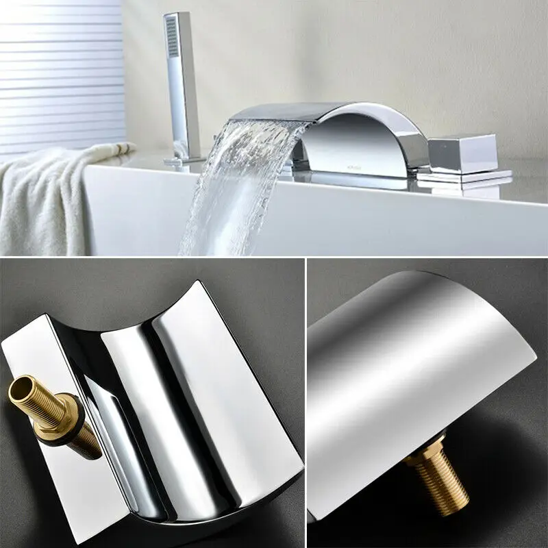 5 Holes Bathroom Bathtub Waterfall Faucet, Chrome Tub Sink Mixer Tap + Hand Shower Fit for 1/2