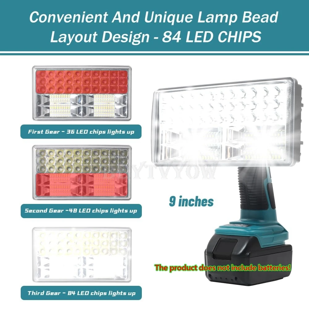 Projecteur LED sans fil 40W 4200LM, Compatible avec batterie Makita 18V, lampes de poche, lampe de travail avec USB 5V 2,1a