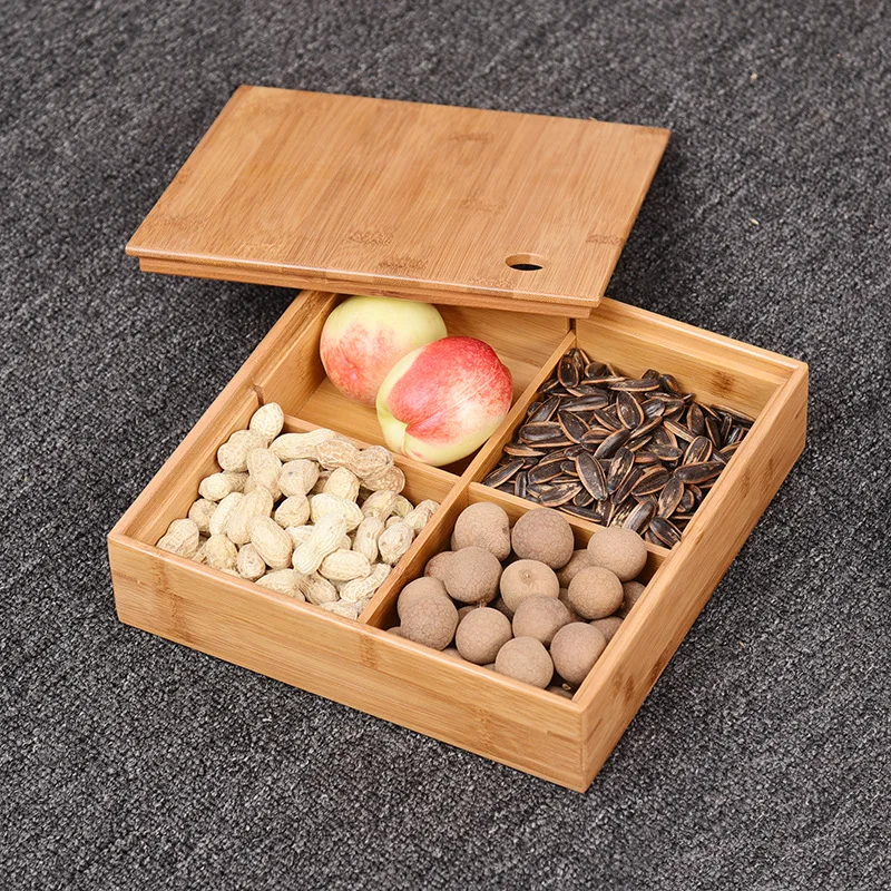 

1pc Bamboo Storage Box Compartment With Lid Tea Set Tray Fruit Bowl Snack Candy