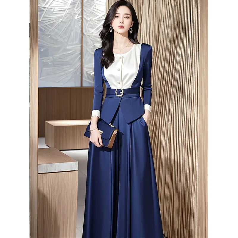 أوائل الخريف Faion 2024 Ele سيدة الأزرق الأعلى بنطال ذو قصة أرجل واسعة المهنية دعوى الراقية صغيرة Fraance Sle ملابس نسائية #1