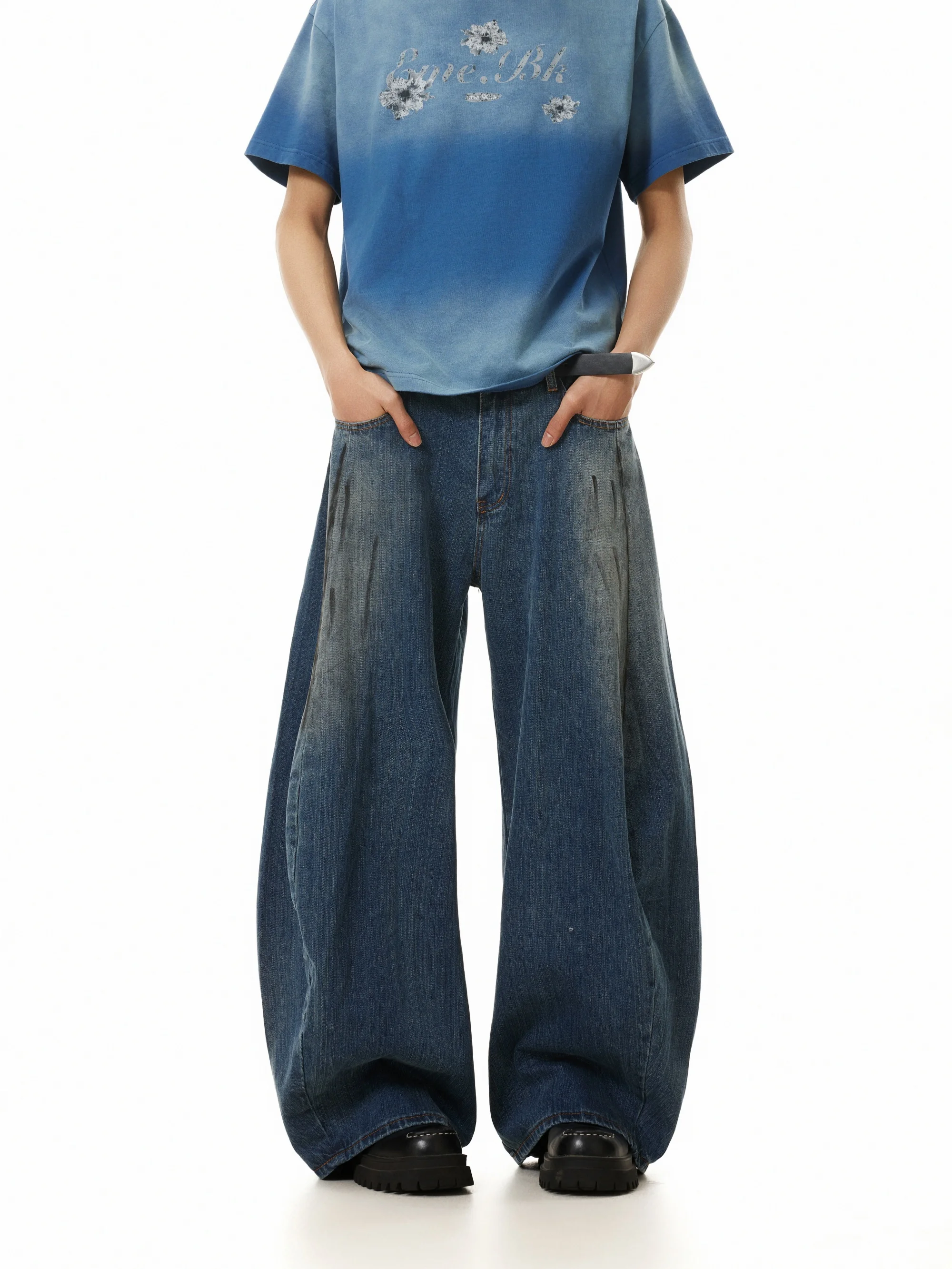 Amerikaanse retro noodlijdende vuile geverfde ontwerp Machete Jeans losse gedrapeerde casual broek met wijde pijpen