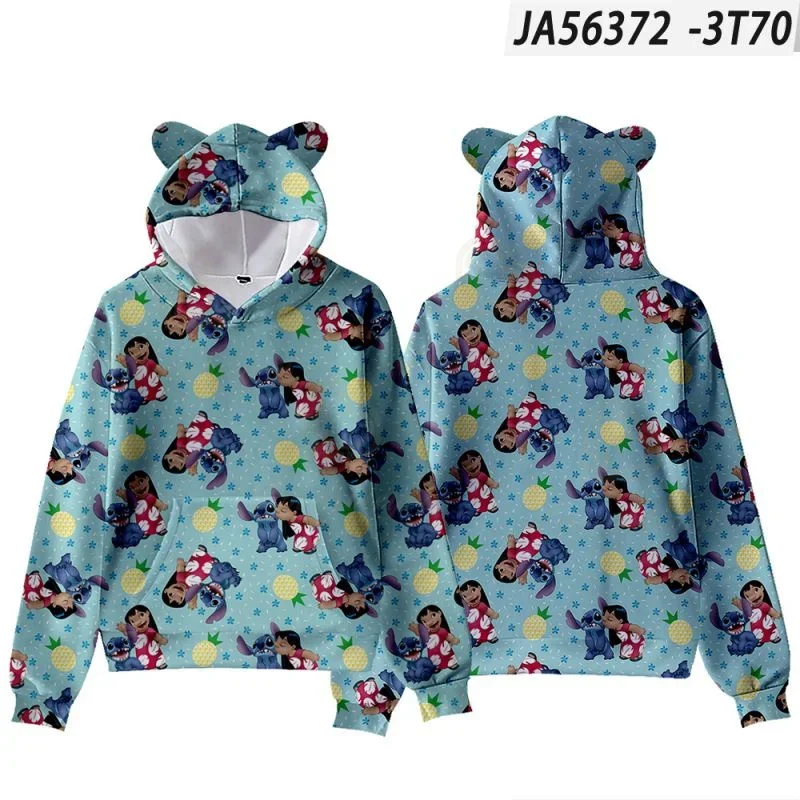 Dis Stitch Desenhos Animados Jaqueta Tops para Homens e Mulheres, Hoodies de Orelha Gato Kawaii, Anime Japão 3D Hoodie, Moletom Harajuku