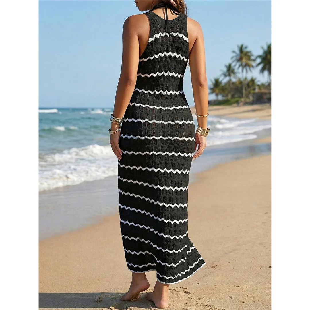 S - XL Neues gestreiftes, ärmelloses, gehäkeltes, gestricktes Tunikakleid, Strandkleid, Strandmode, Damen V8353 – Detail 12