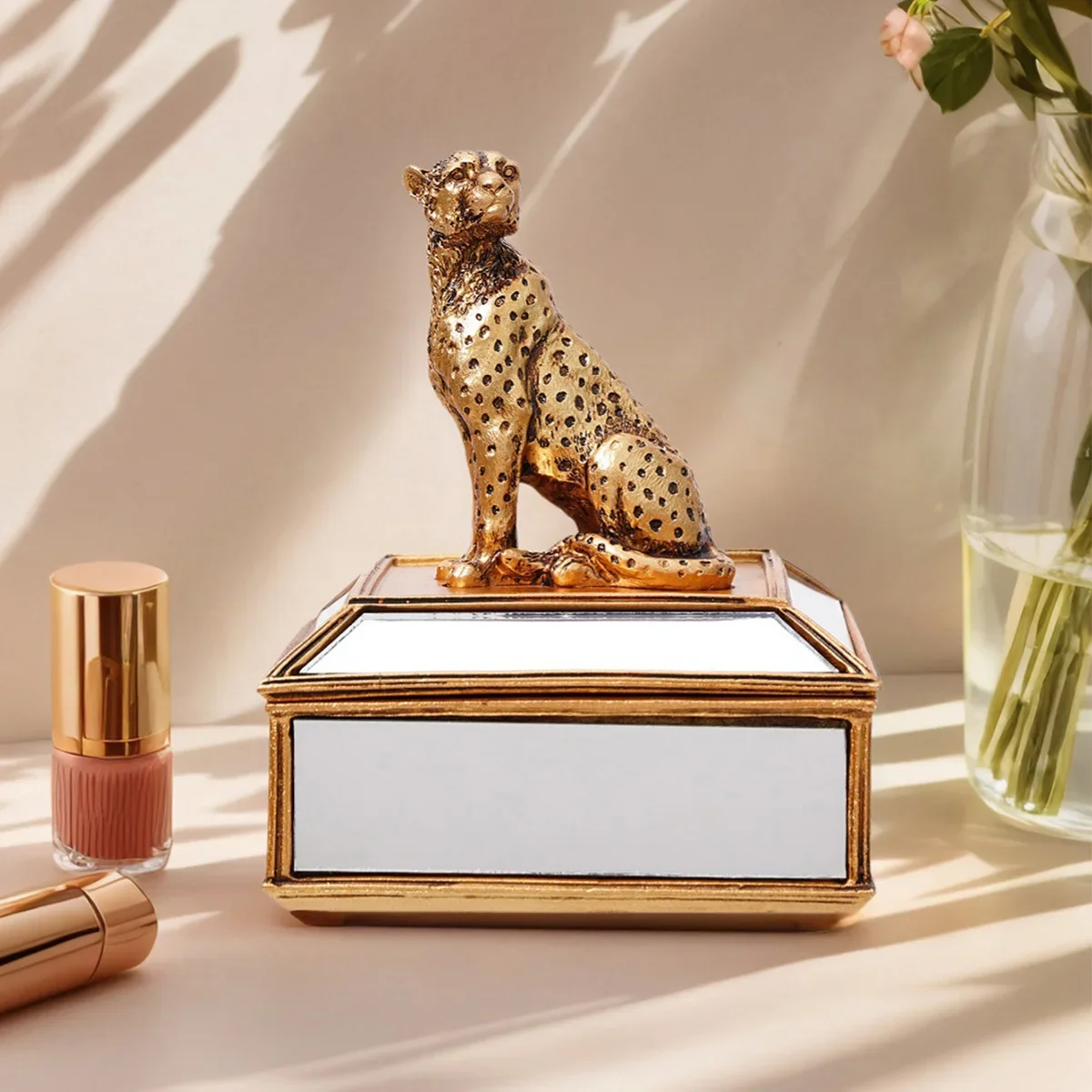 Creative Golden Mirror-faced Leopard Jewelry Storage Box Gold Leopard-shaped Storage Canister Home Organizer Organization