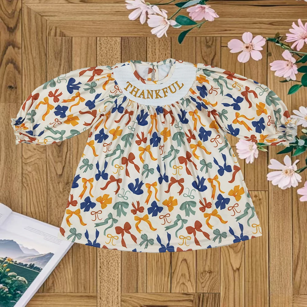 

Baby Girls Summer Dress Smocked Embroidery Baby Girls Thanksgiving Thankful Colorful Bows Knee Length Dresses