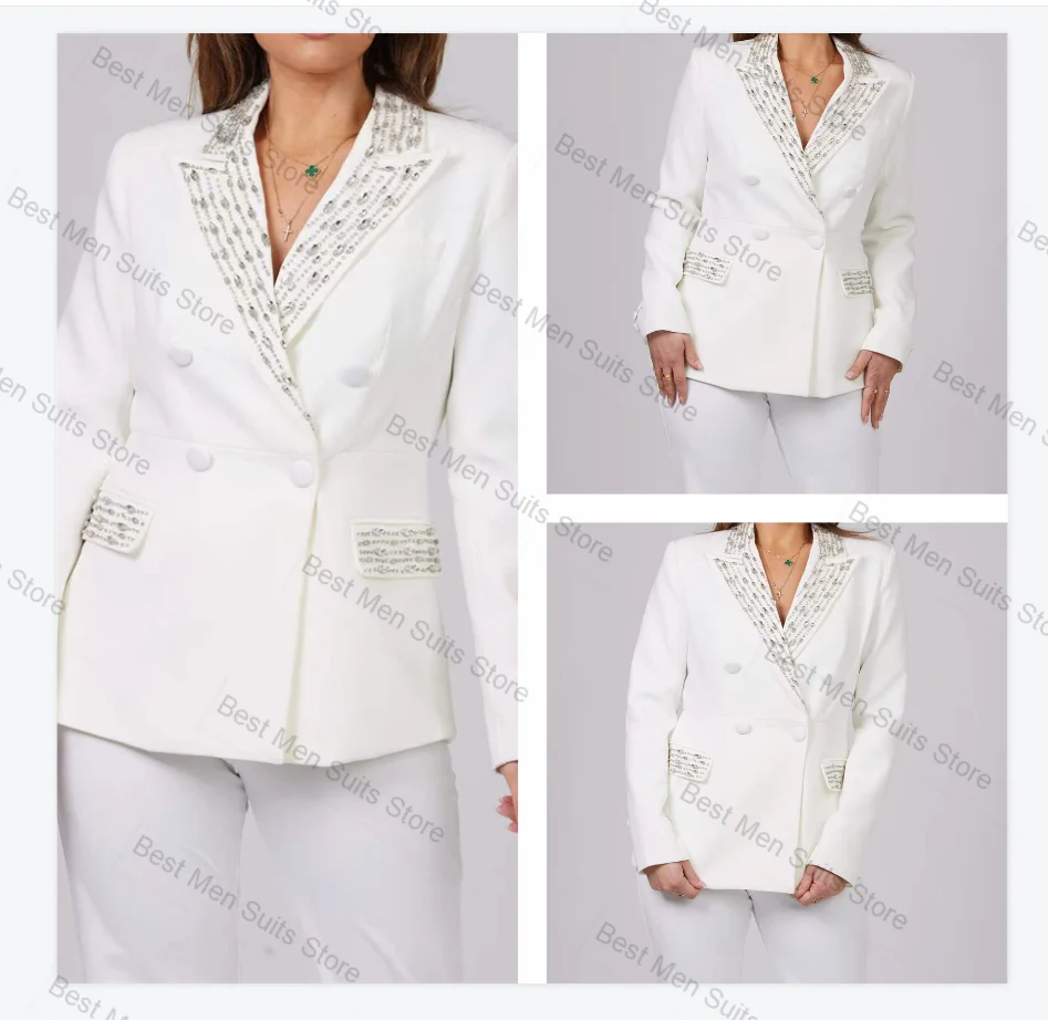 

White Women Suit Pants Set 2 Pcs Blazer+Trousers Luxury Crystals Stone Formal Office Jacket Customized Wedding Tuxedos Prom Coat