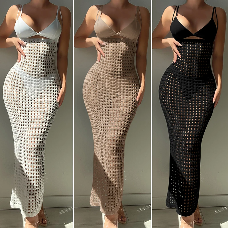 Knitting Texture Swimsuit Cover Up Summer Beach Ladies High Waist Strappy Long Dress Sexy Hollow-Out Sunscreen Smock