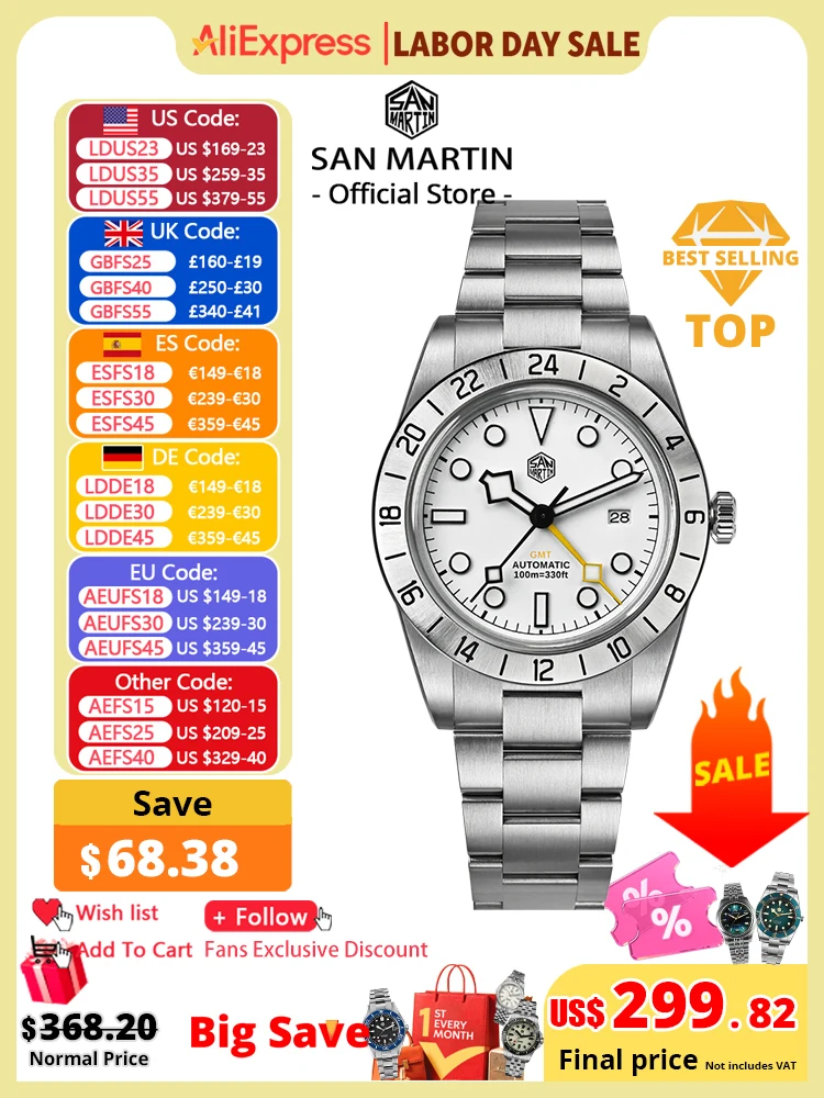 San Martin Upgraded 38.3mm BB GMT Hangzhou 6460 Men Automatic Mechanical Watches Sport Sapphire Luminous Waterproof 100m SN0054