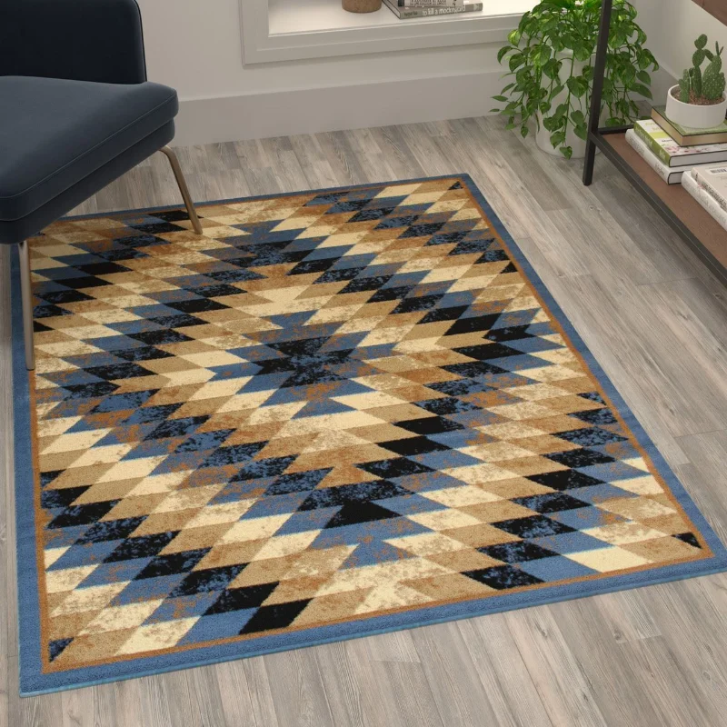 Living Room Carpet Southwestern 4'x5' Blue Area Rug Olefin Rug with Jute Back Area Rug