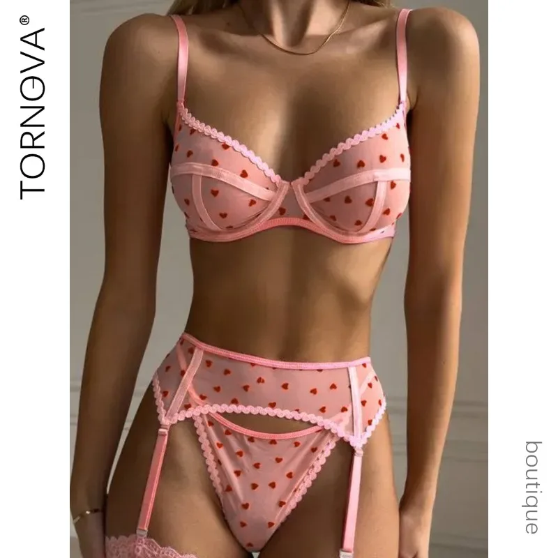 

Tornova Cute Sexy Lingerie Panty Garters 3PCS Patchwork Slim Backless Women Delicate Romantic Pure Desire Intimate Underwear Set