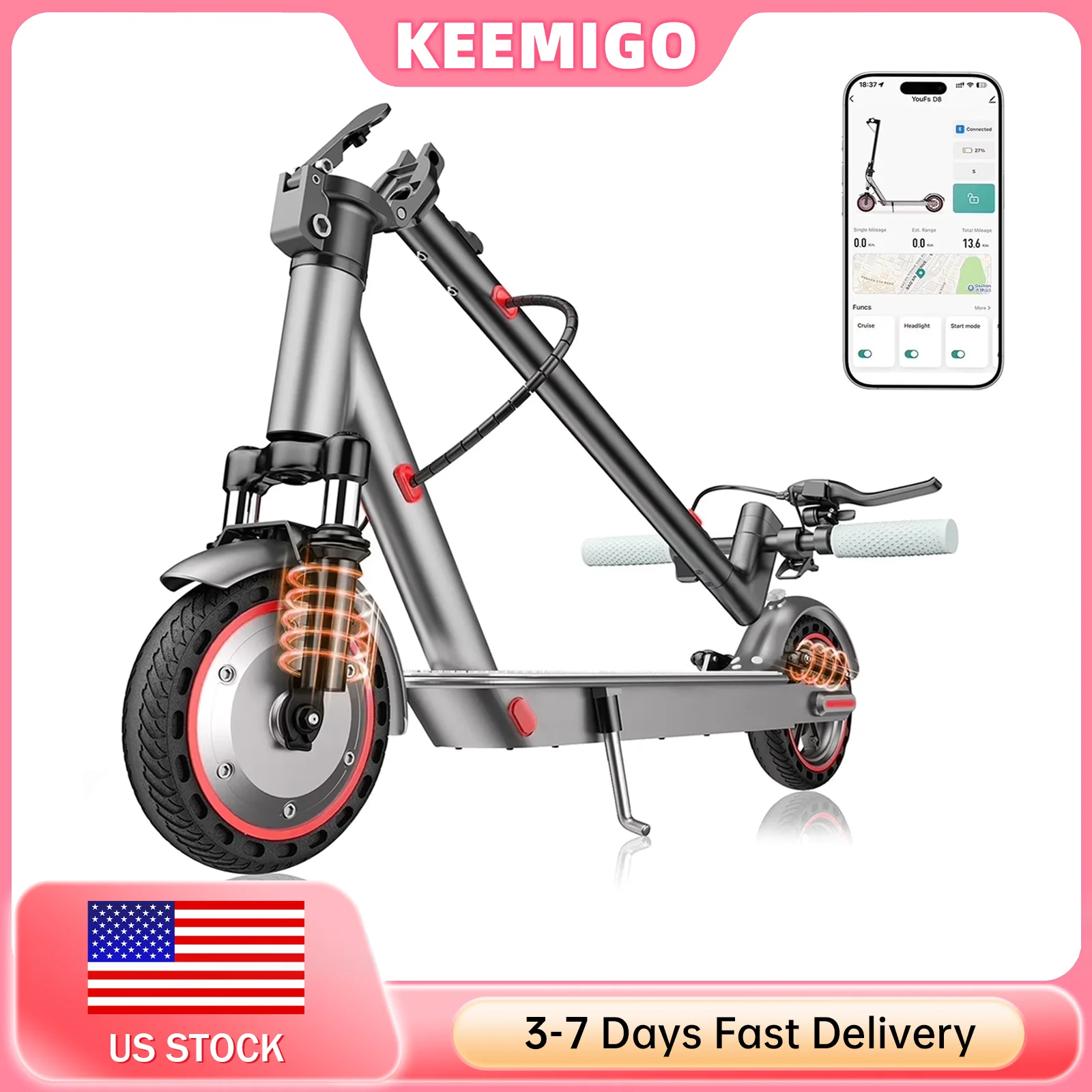 

Электросамокат с двигателем 350 Вт для взрослых, передняя и задняя амортизация, аккумулятор 36В 10.5Ач, максимальная скорость 19 миль/ч, максимальный пробег 21 миля.