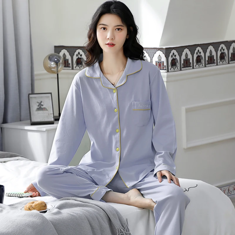 

Women Pajamas Set Spring and Autumn Knited Cotton Solid Pyjamas Women Turn-down Long Sleeve Sleepwear