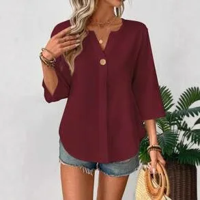 Lady Cloth Summary New Women's Three-quarter Sleeve Button-down Solid Color V-neck Random Loose Shirt Birthday Dress Clothing Bo