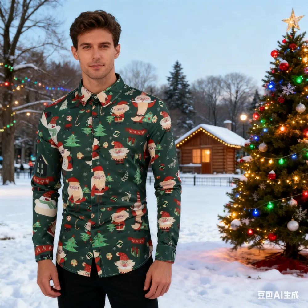 الرجال عيد الميلاد سانتا كلوز ثلج الرنة قميص زر يصل قميص طويل الأكمام مضحك في الهواء الطلق عطلة الربيع الخريف ترتيب الأسرة القمصان #5