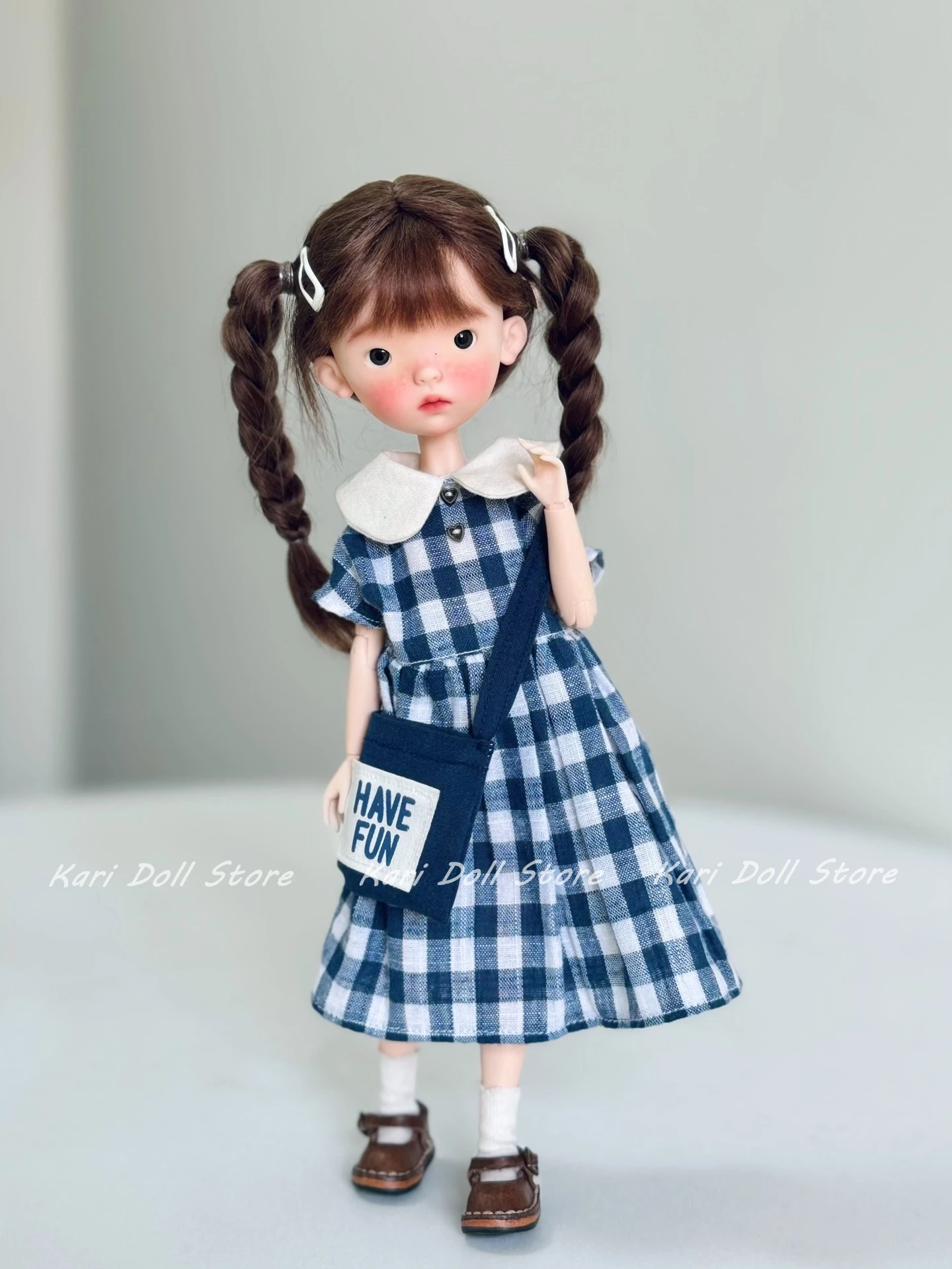 Kari Doll Clothes and skirts dress Blue grid set with Scarf for Landazz Landoudou Doll