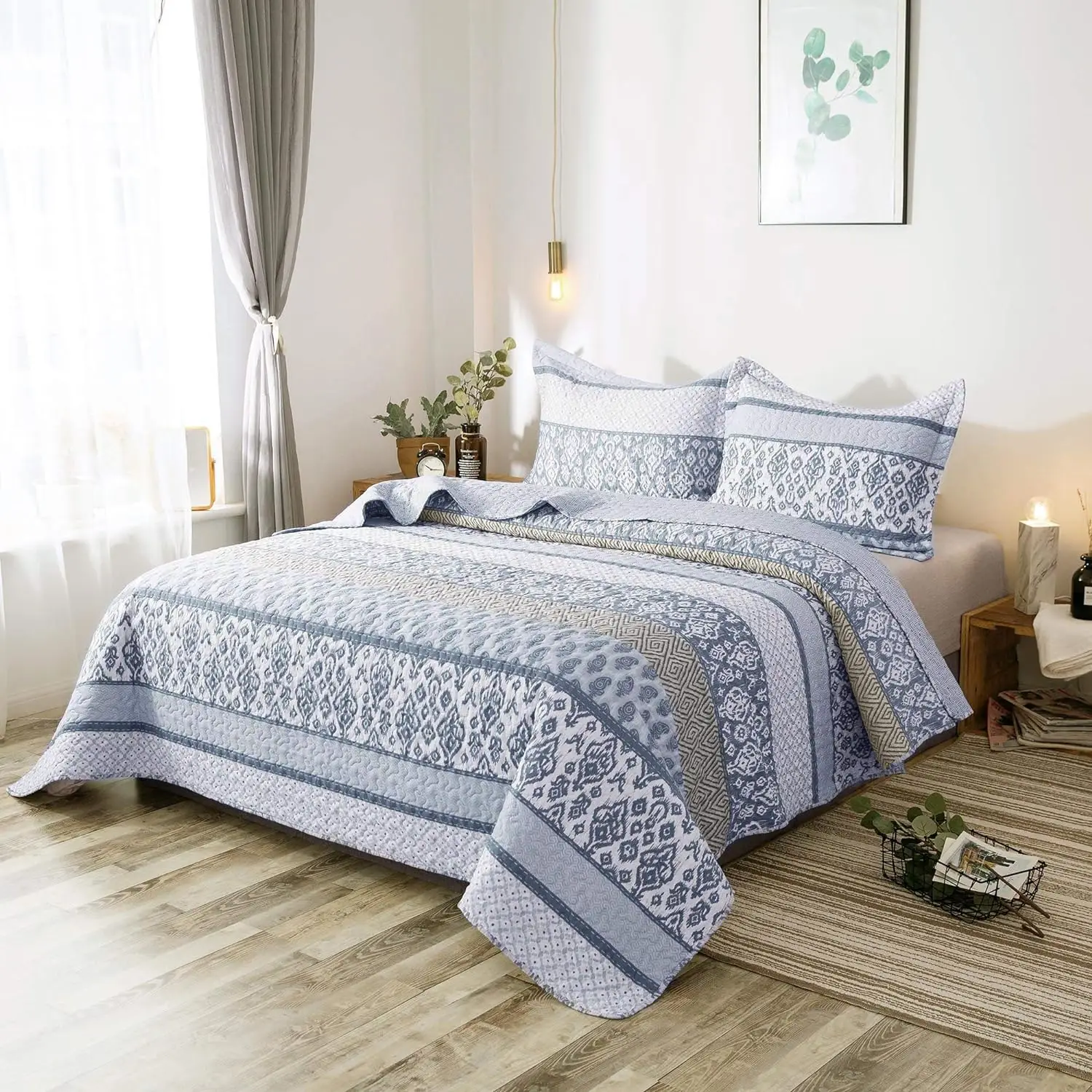 

2pc/3pc Blue Floral Pattern Quilt Set, Lightweight All Season Bedspread Coverlet Sets - Hypoallergenic and Breathable for Bedroom, Home, Camper, RV, Cabin, College Dorm, Guest Room